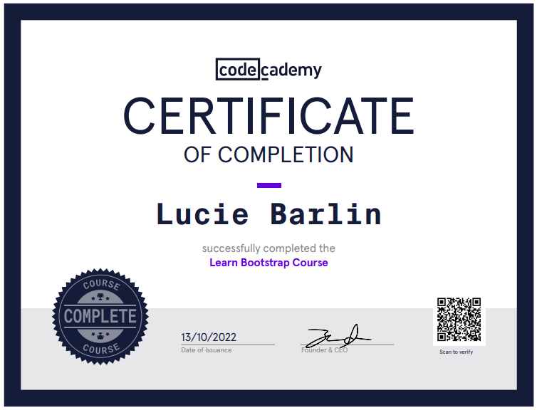 a certificate of completion for a codecademy course on bootstrap