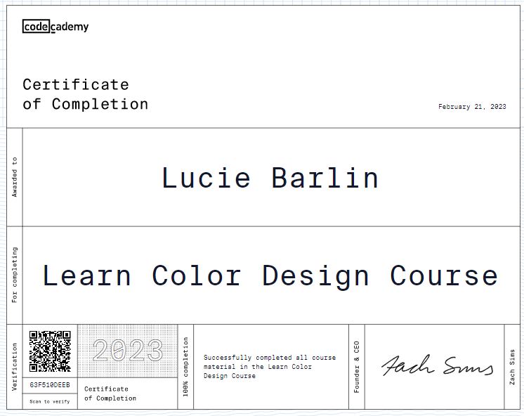 a certificate of completion for a codecademy course on color theory and design