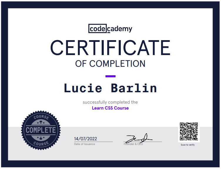 a certificate of completion for a codecademy course on css