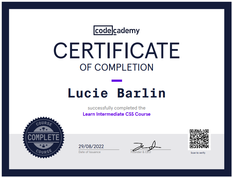 a certificate of completion for a codecademy course on intermediate css