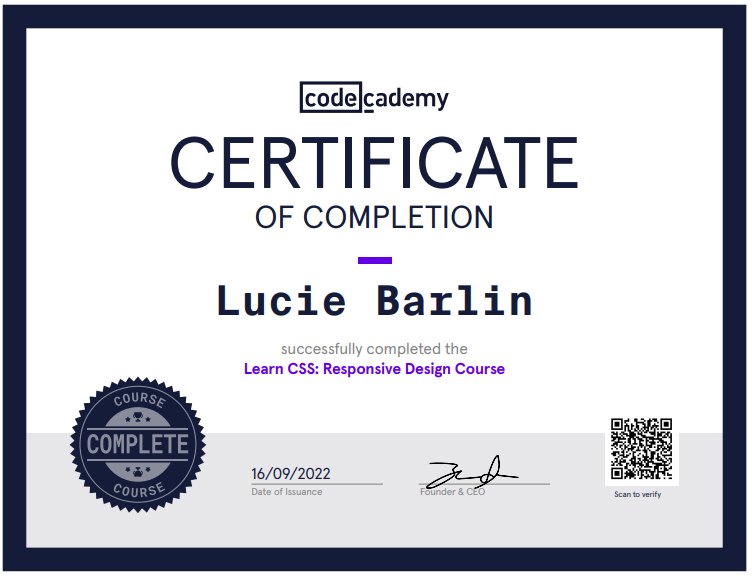 a certificate of completion for a codecademy course on responsive css design