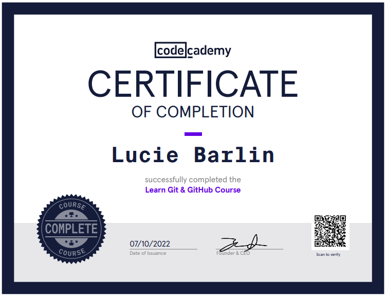 a certificate of completion for a codecademy course on git and github