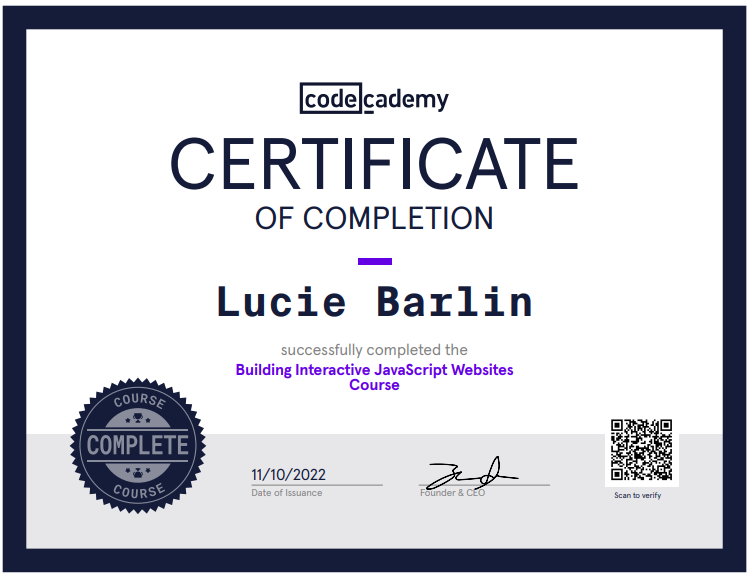 a certificate of completion for a codecademy course on building javascript websites