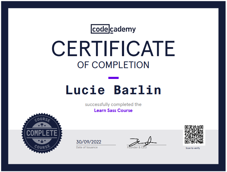 a certificate of completion for a codecademy course on sass