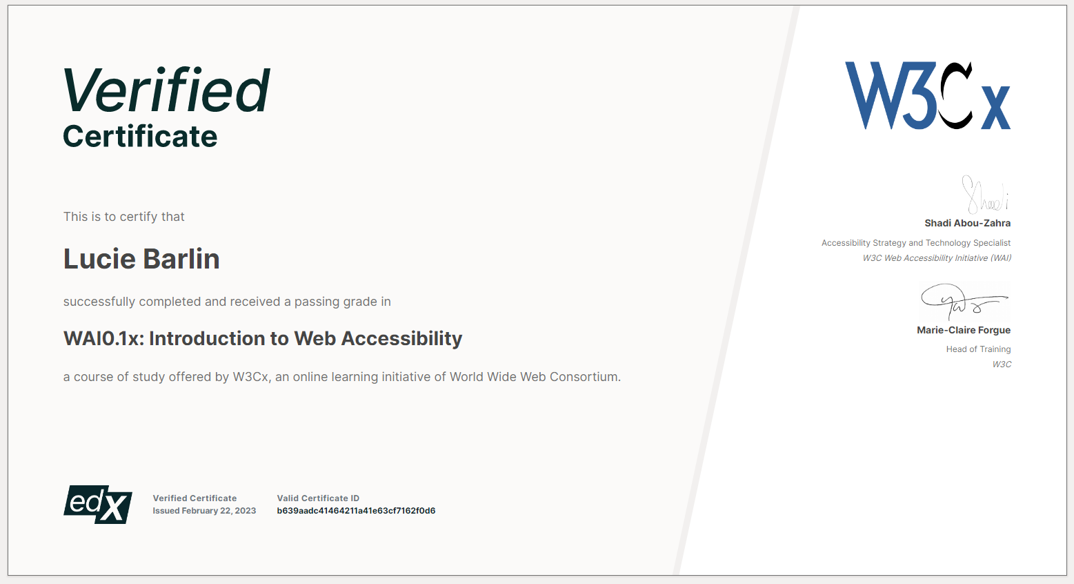 a certificate of completion for an edX course on web accessibility